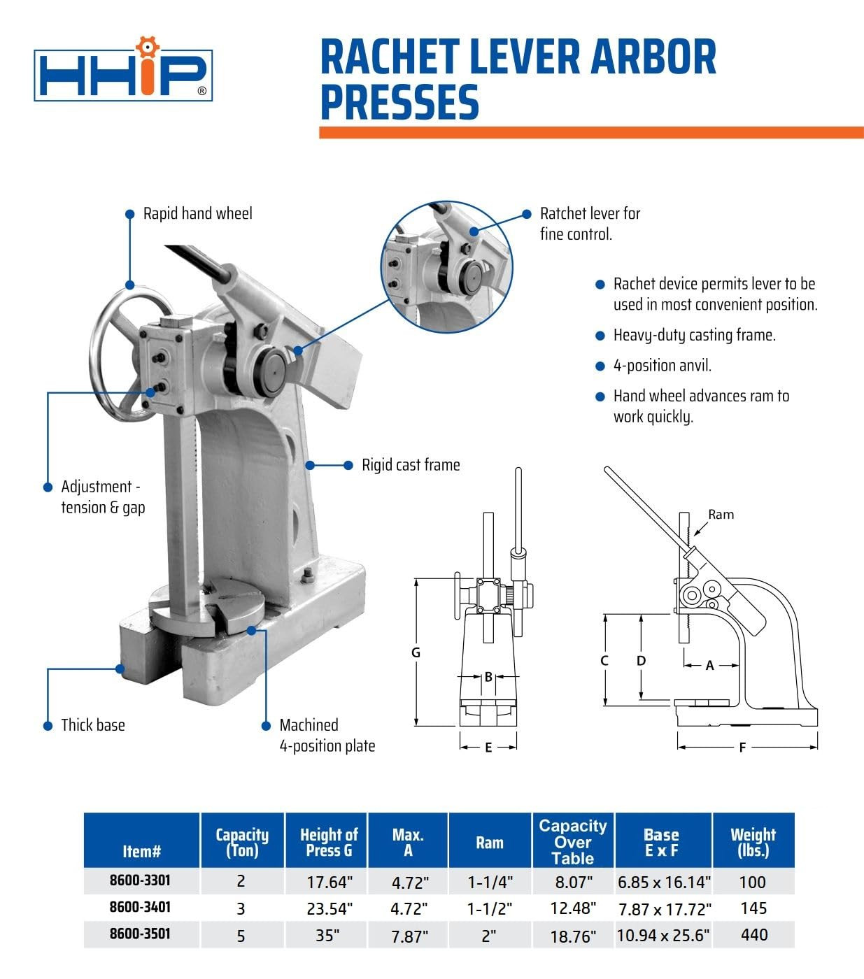 HHIP 8600-3401 3 Ton Ratchet Type Arbor Press