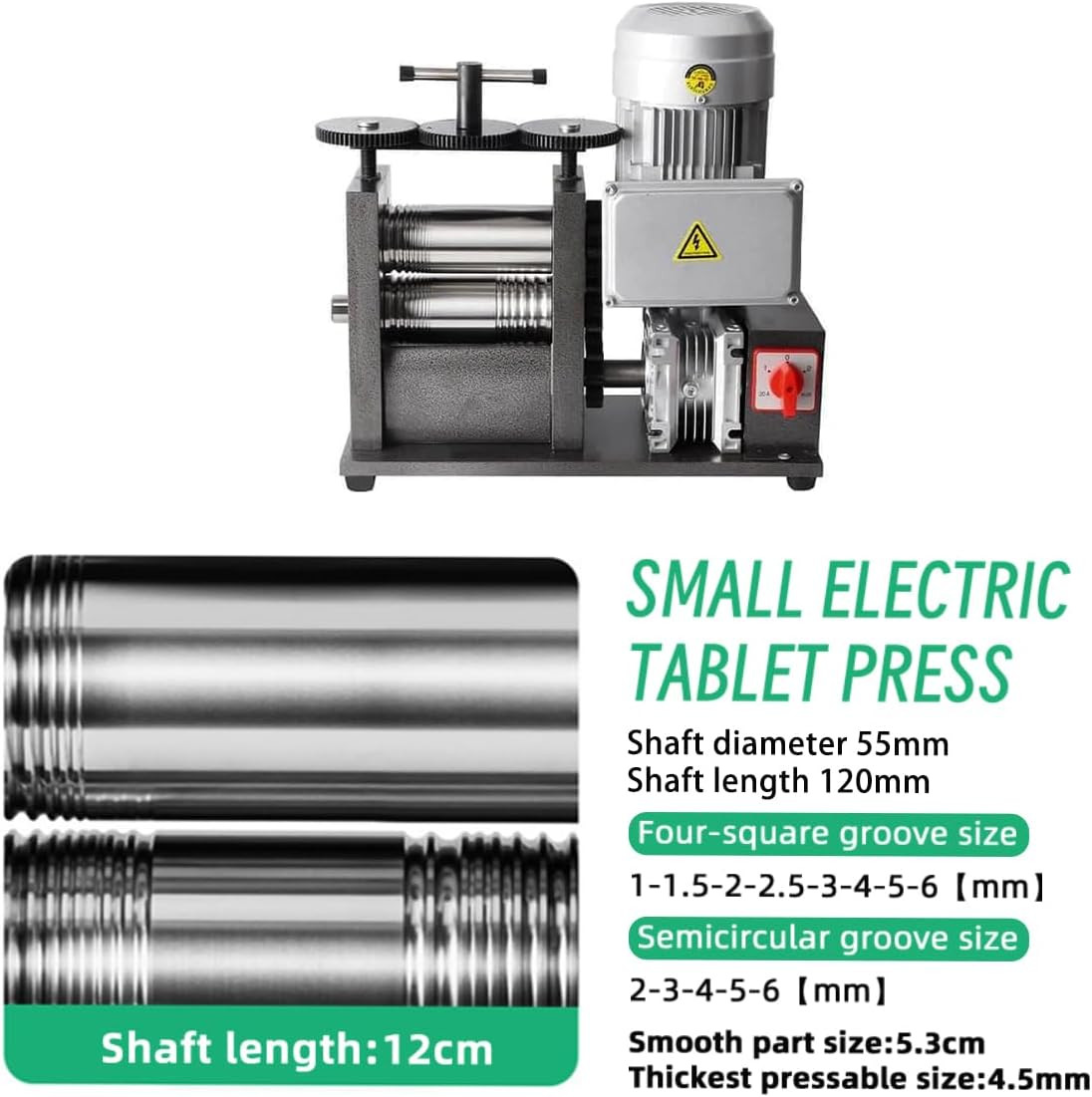 370 w rolling mill for jewelry，110v.Roll Shaft diameter 55mm, length 120mm Thickest compressible Small :4.5mm Compressible shapes Sheet, Square, Semicircle, Circle. Electric Upgraded Rolling mill